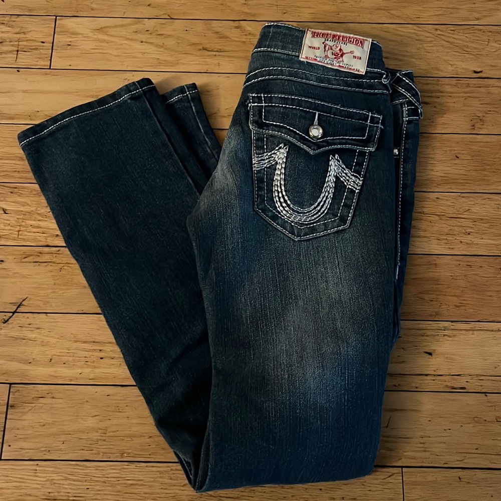 True Religion denim jeans with crystal button on flap pocket closure